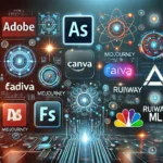 A graphic featuring Ai design tools like adobe, Canvas, Midjourney