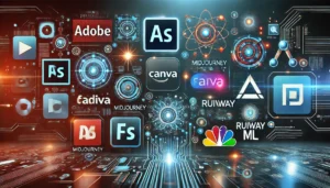 A graphic featuring Ai design tools like adobe, Canvas, Midjourney